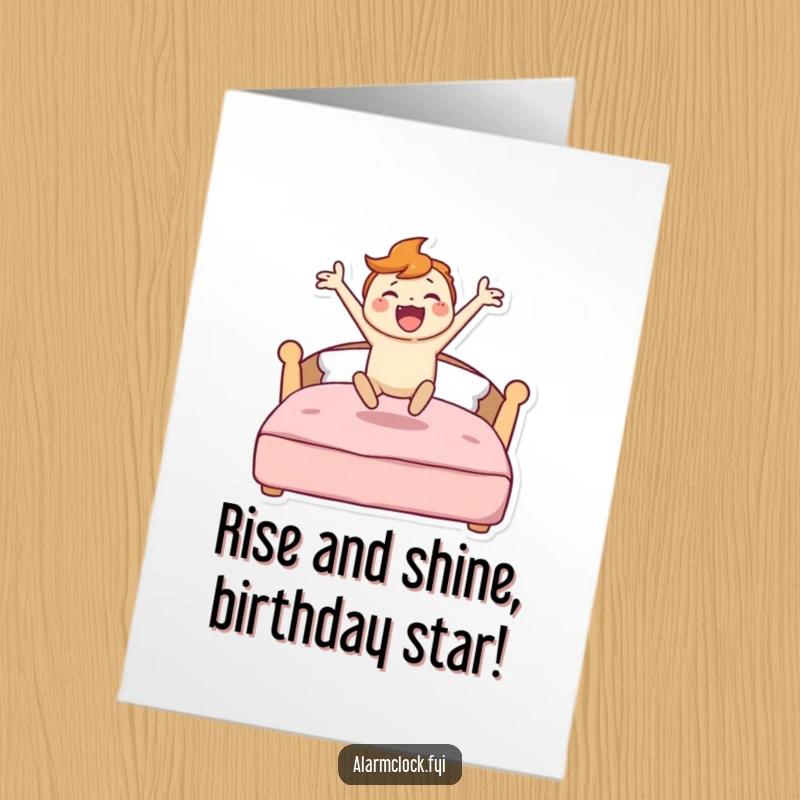 Funny Free Printable Birthday Card: Happy character leaping energetically from a stylized bed, celebrating.