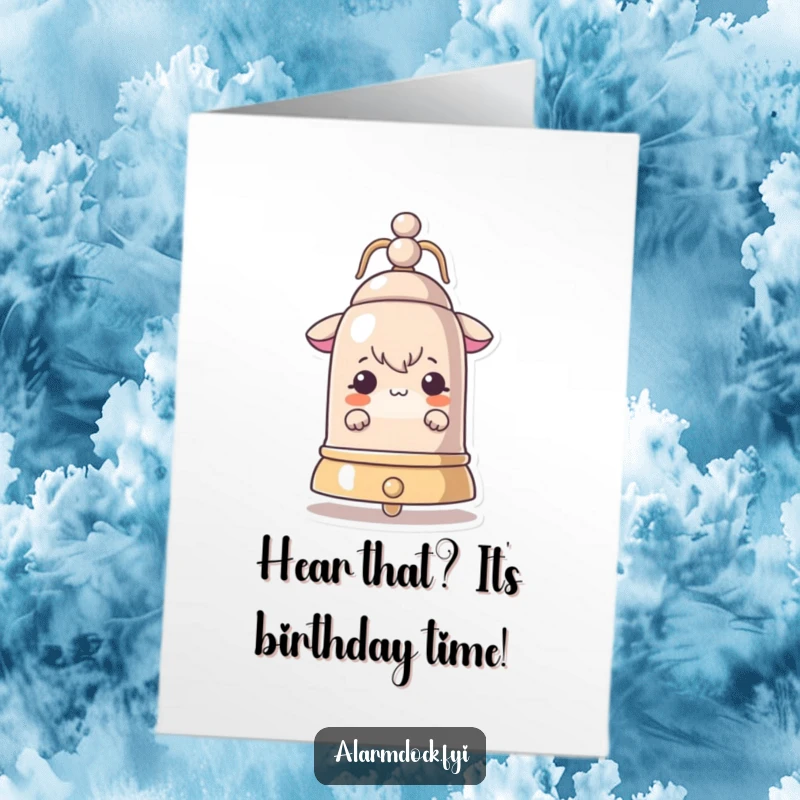 Funny Free Printable Birthday Card: Curious character peeking from behind a large, loud ringing bell, eyes wide.