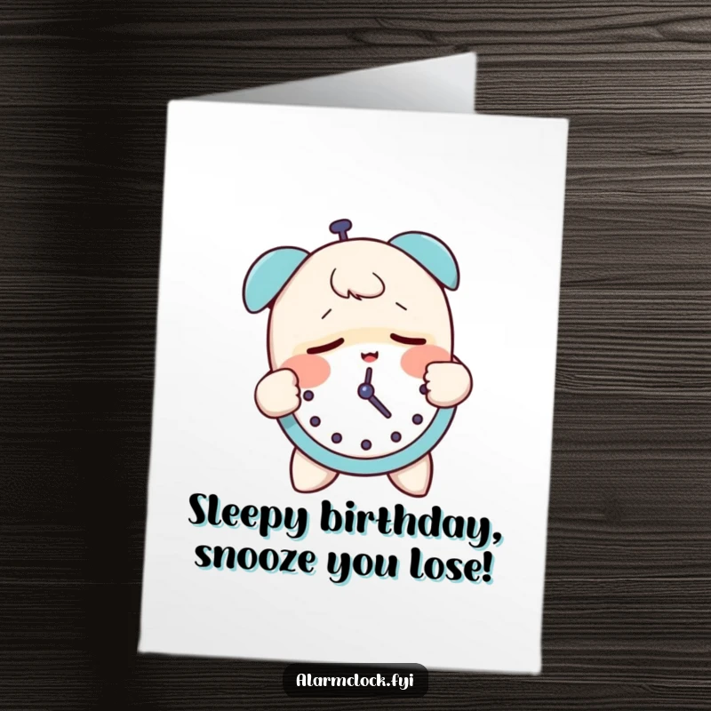 Funny Free Printable Birthday Card: Sleepy character groggily slapping a loud alarm clock, perfect for a relatable DIY gift.