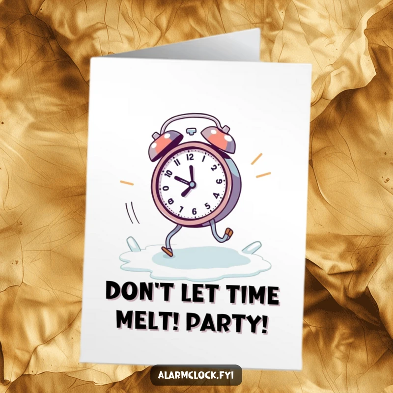 Funny Free Printable Birthday Card: Frantic alarm clock with legs runs from a melting ice cube.