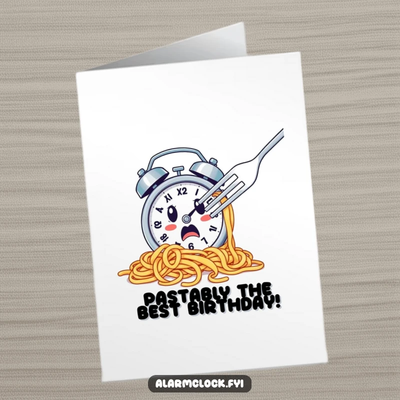 Funny Free Printable Birthday Card: A startled, spaghetti-covered alarm clock flees a giant fork. Hilarious dining chaos!