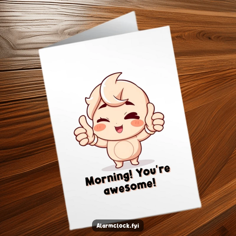 Funny Free Printable Birthday Card featuring a winking character giving a double thumbs up, enthusiastically greeting the morning.