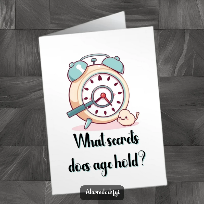 Funny Free Printable Birthday Card showing a curious alarm clock character examining a dust bunny with a magnifying glass.