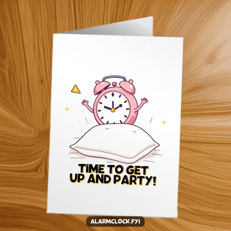 Funny Free Printable Birthday Card: Frantic alarm clock jumps on bed to wake a dozing pillow, birthday morning chaos.