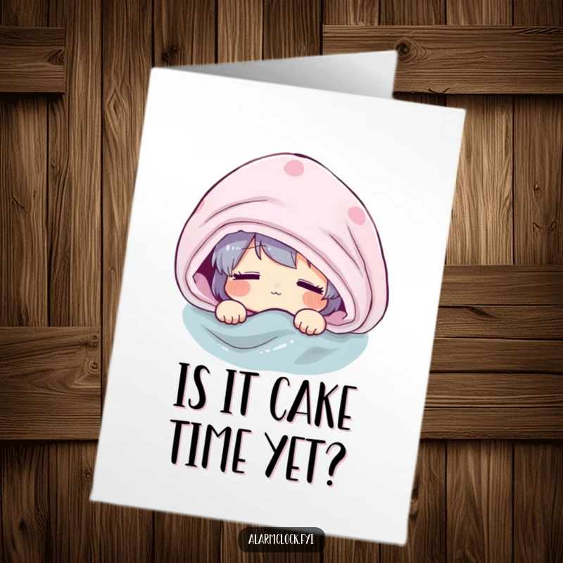 Funny Free Printable Birthday Card: Character peeking groggily from under a blanket, a meme for birthdays, downloadable.