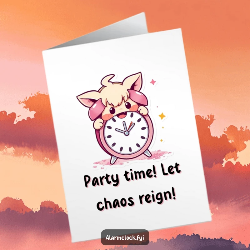 Funny Free Printable Birthday Card: Mischievous character covering alarm clock in a cloud of glitter, creating a sparkly mess.