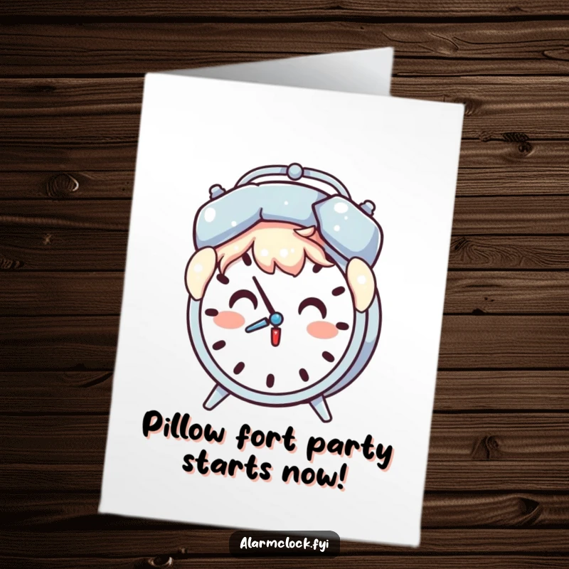 Funny Free Printable Birthday Card of a surprised character holding a pillow over their head as an alarm clock chimes.