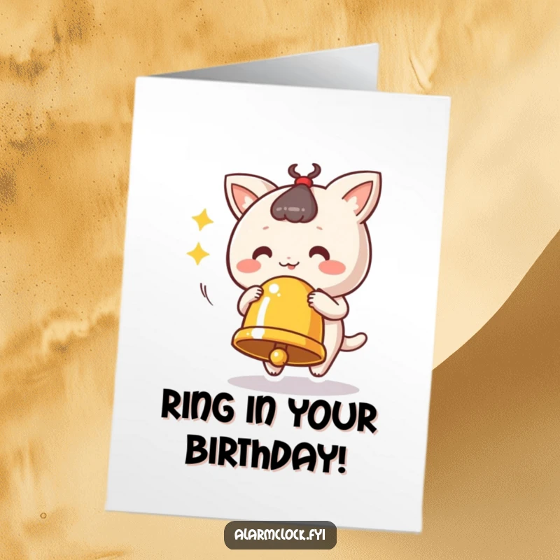 Funny Free Printable Birthday Card: A cute character vigorously ringing a festive bell to announce celebration.