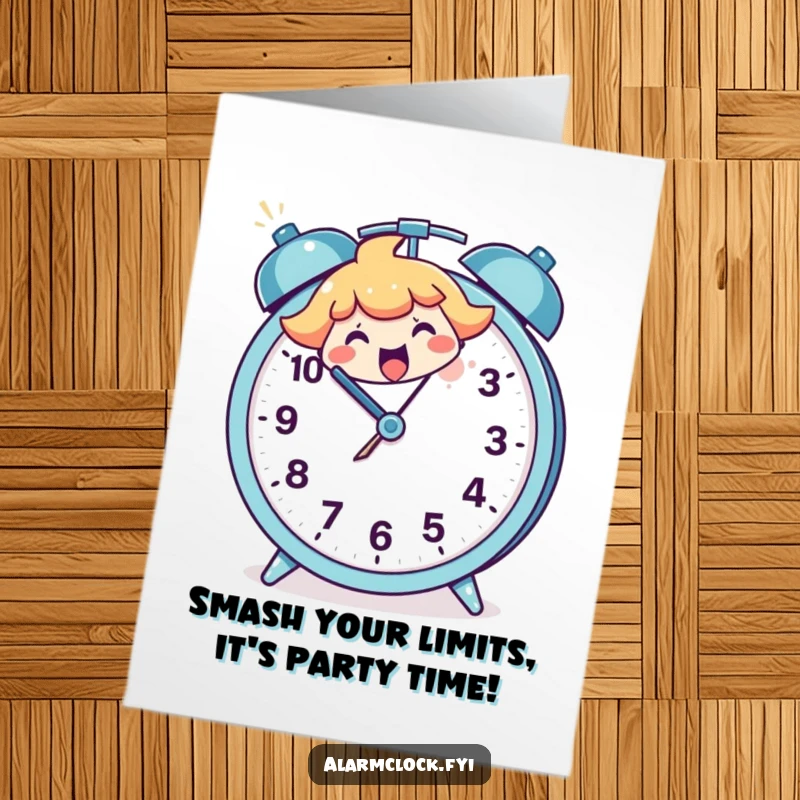 Funny Free Printable Birthday Card: Happy character gleefully smashing a large, cartoon alarm clock.