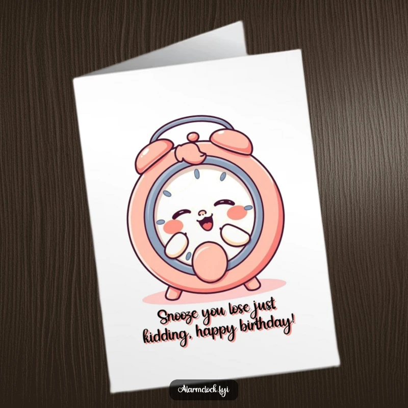 Funny Free Printable Birthday Card: a giggling character playfully taps the snooze button, dreaming of more sleep.