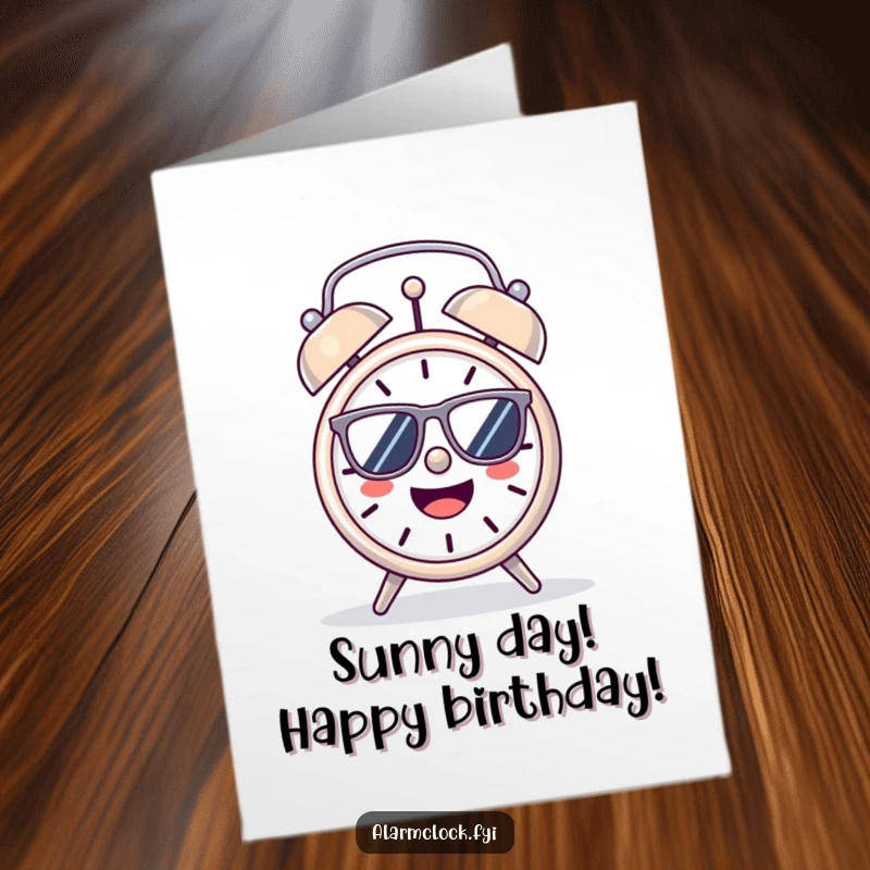 Funny Free Printable Birthday Card featuring a cheerful alarm clock character wearing sunglasses in the sun.