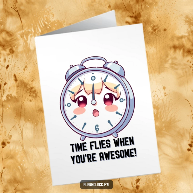 Funny Free Printable Birthday Card: Surprised character looking at a rapidly spinning clock, emphasizing time flying.