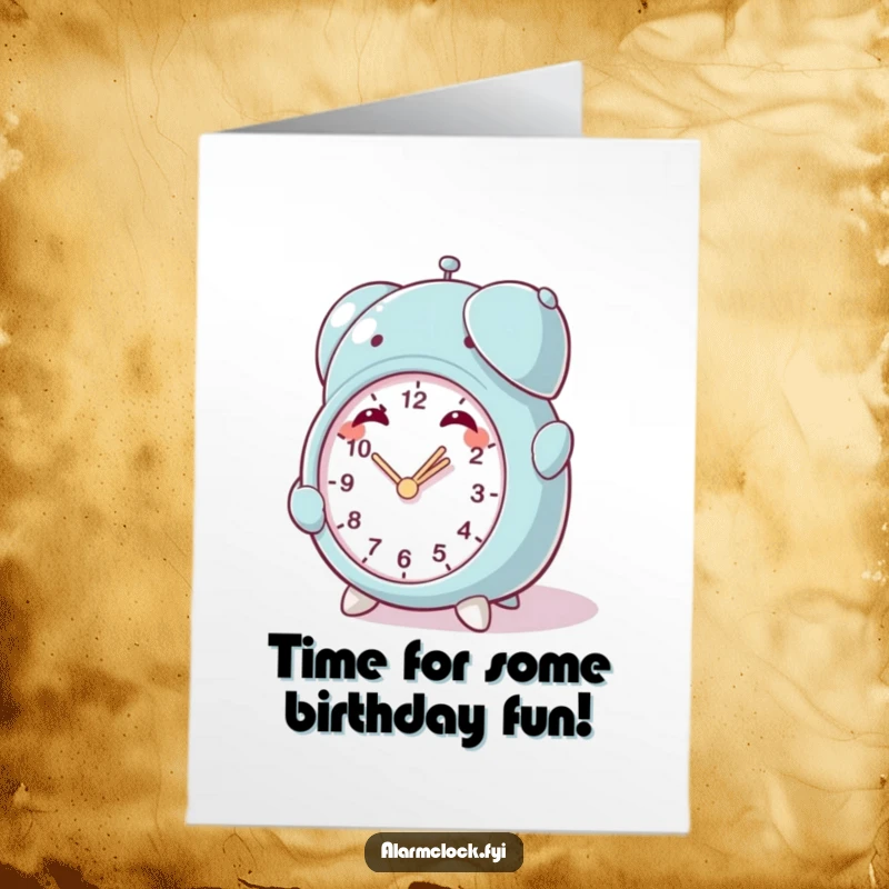 Funny Free Printable Birthday Card: Character with a mischievous grin winding up a tiny alarm clock, planning some fun.
