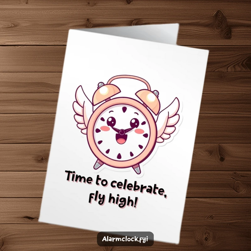 Funny Free Printable Birthday Card: Cute, smiling winged alarm clock joyfully takes flight, symbolizing a birthday journey. A timely DIY greeting.