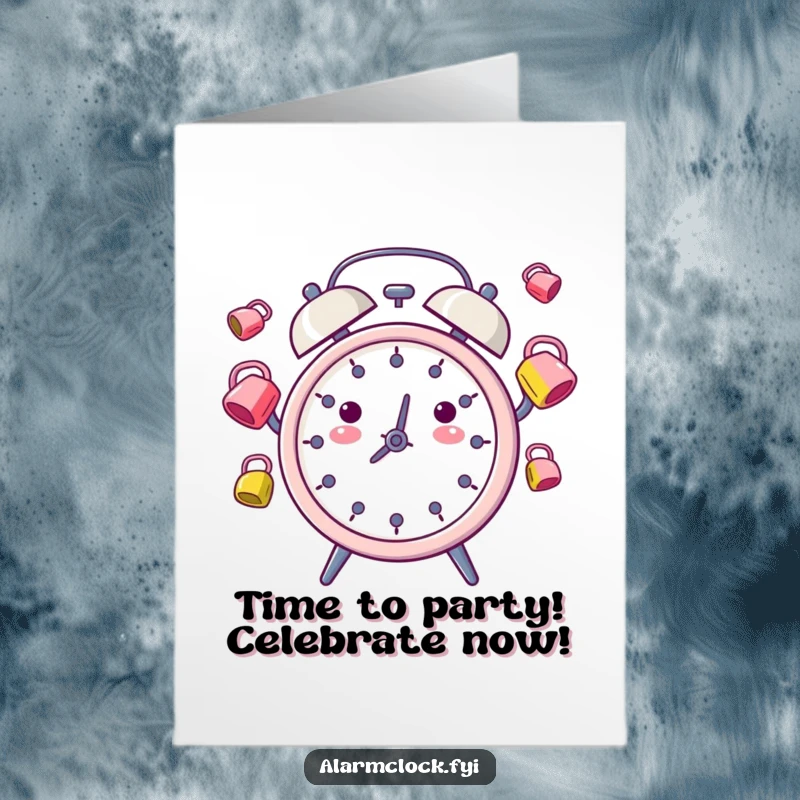 Funny Free Printable Birthday Card featuring a playful alarm clock character joyfully juggling colorful alarm bells.