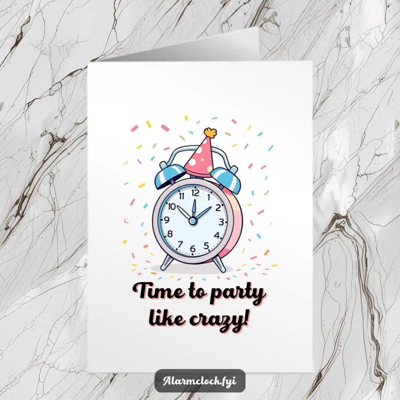Funny Free Printable Birthday Card: An alarm clock in a party hat spins in confetti, celebrating wildly.