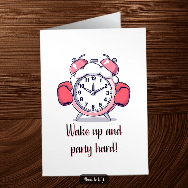 Funny Free Printable Birthday Card: A boxing alarm clock punches a cloud, ready for a knockout celebration.