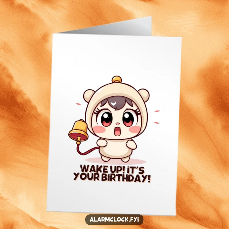 Funny Free Printable Birthday Card: Cute wide-eyed character startled by a loud, cartoon bell.