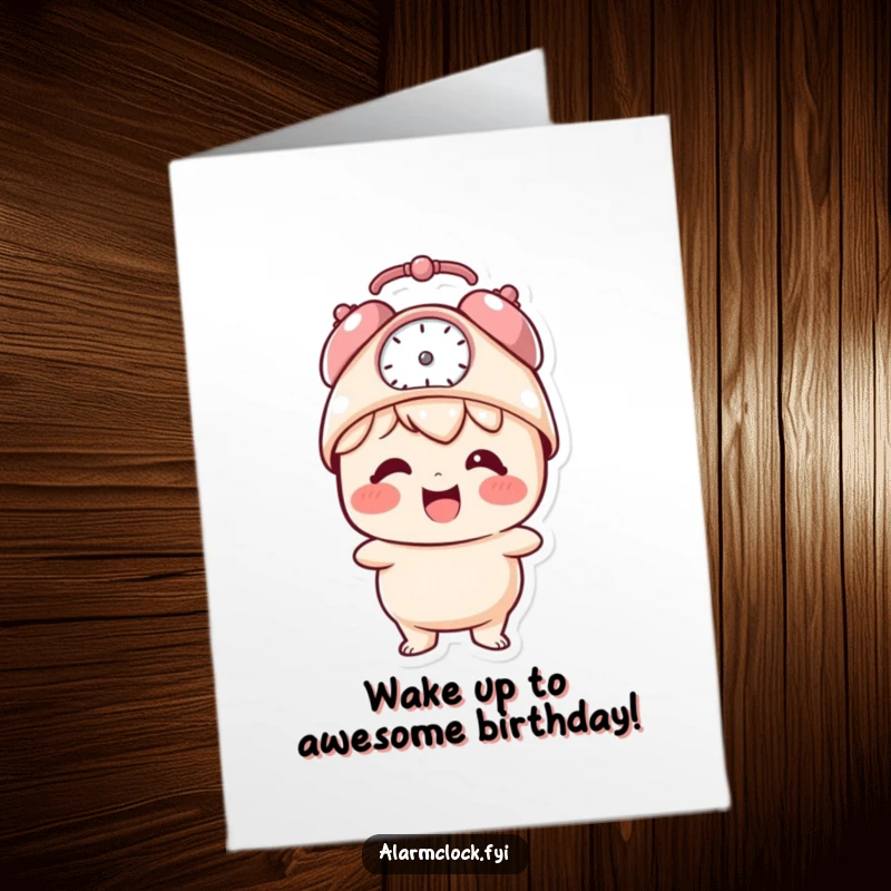 Funny Free Printable Birthday Card: Giggling character joyfully wearing a tiny alarm clock as a hat, ears perked.