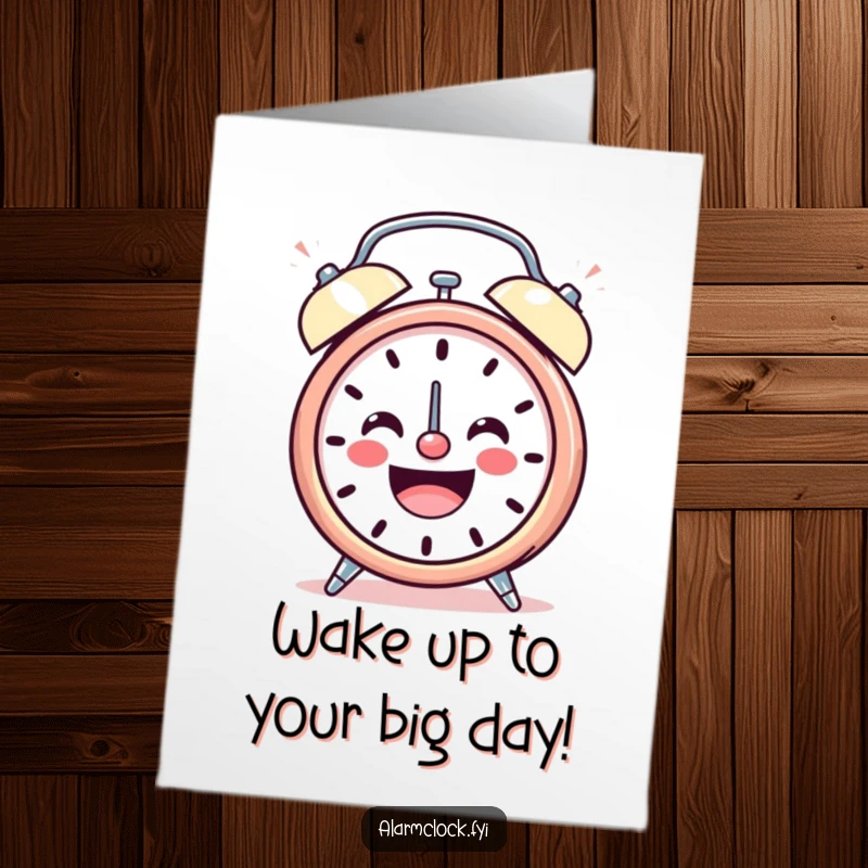 Funny Free Printable Birthday Card: A smiling alarm clock ringing loudly with infectious cheerful energy, perfect for a joyful DIY greeting.