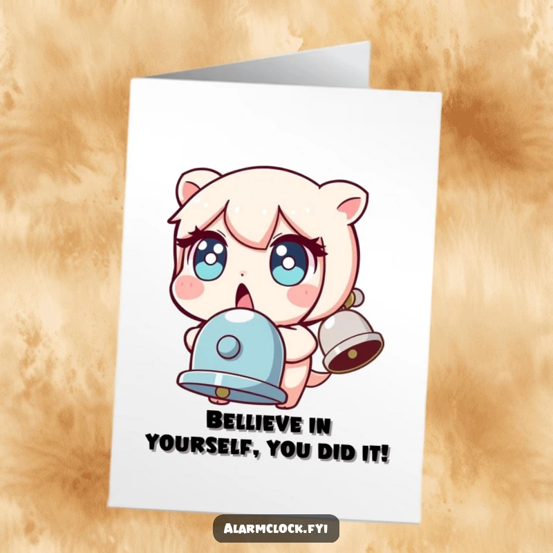 Funny Free Printable Congratulations Card: a shocked character recoils from a loud bell, symbolizing a delightful surprise.