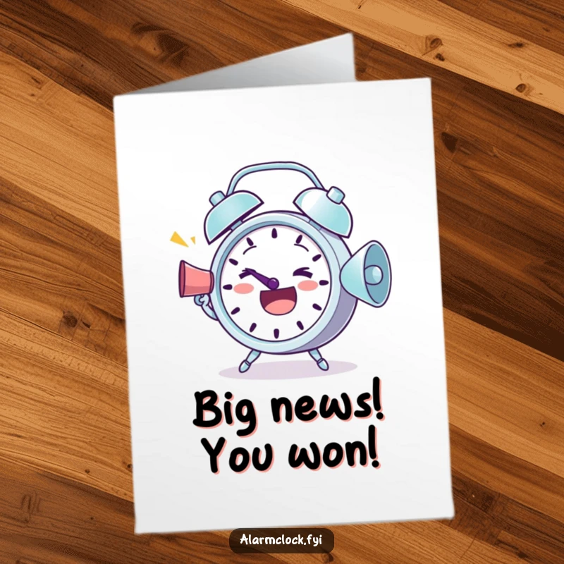 Funny Free Printable Congratulations Card showing a determined alarm clock character using a megaphone to cheer.