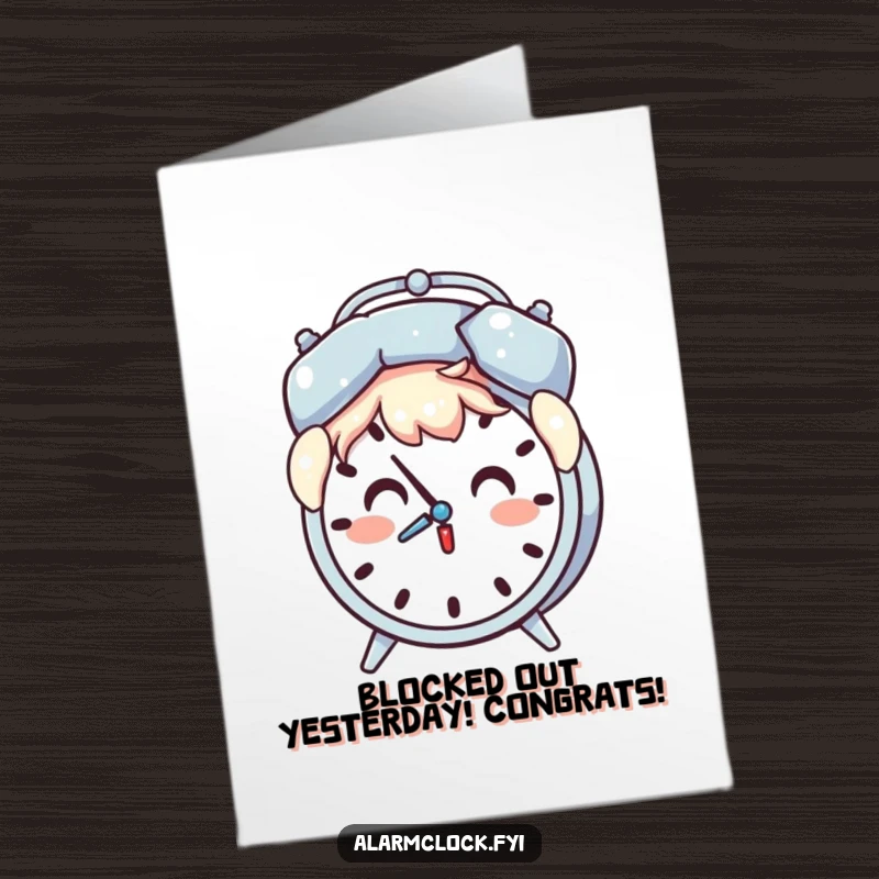 Funny Free Printable Congratulations Card showing a surprised character with a pillow over their head, an alarm clock chiming.