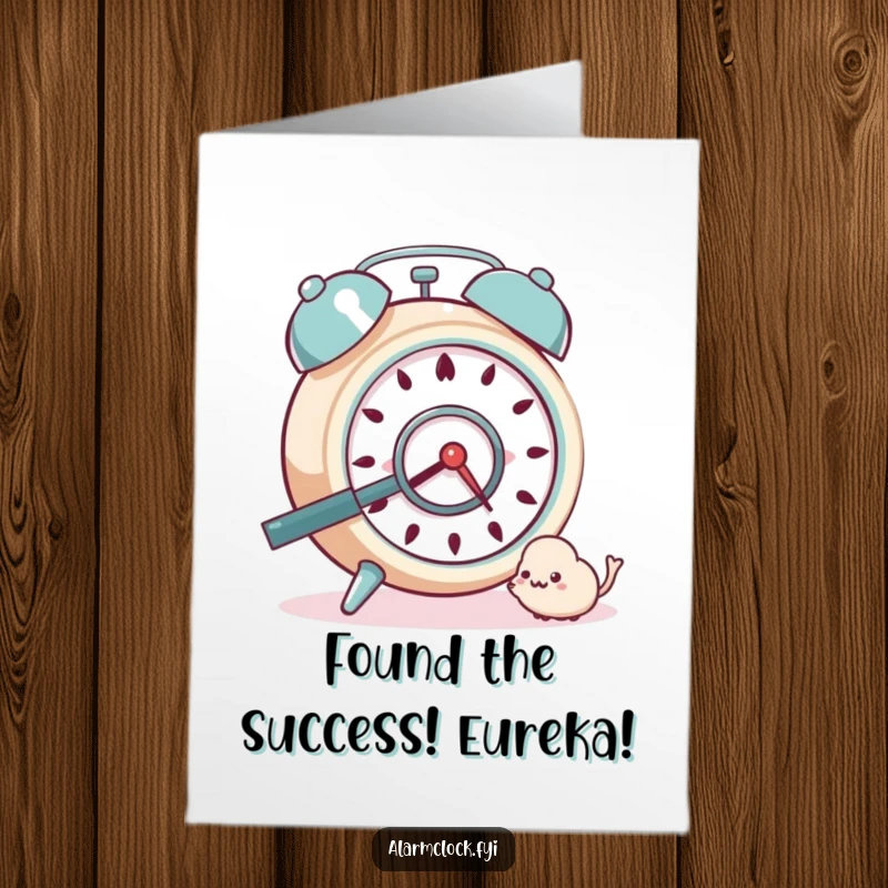 Funny Free Printable Congratulations Card featuring a curious alarm clock character intently studying a dust bunny.