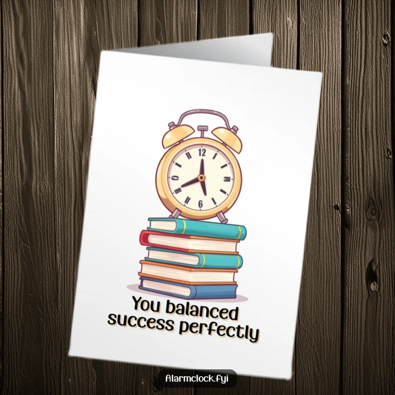 Funny Free Printable Congrats Card: A weary alarm clock balances precariously, symbolizing triumph over challenges.
