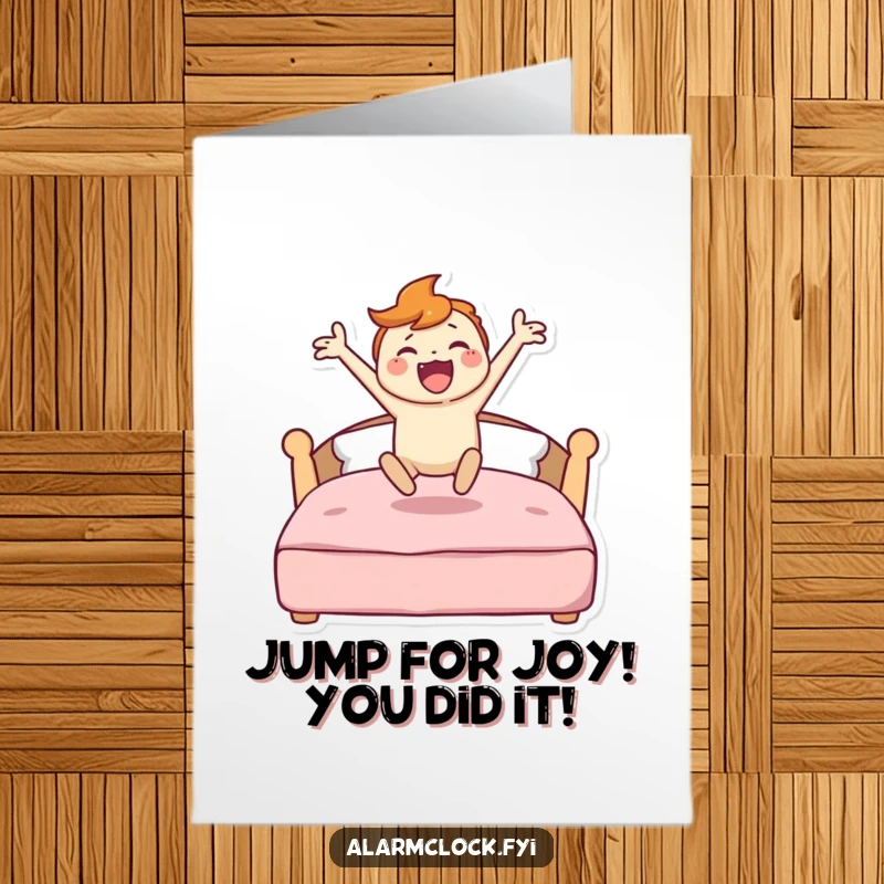 Funny Free Printable Congrats Card: Character energetically jumping out of bed with pure joy and excitement.