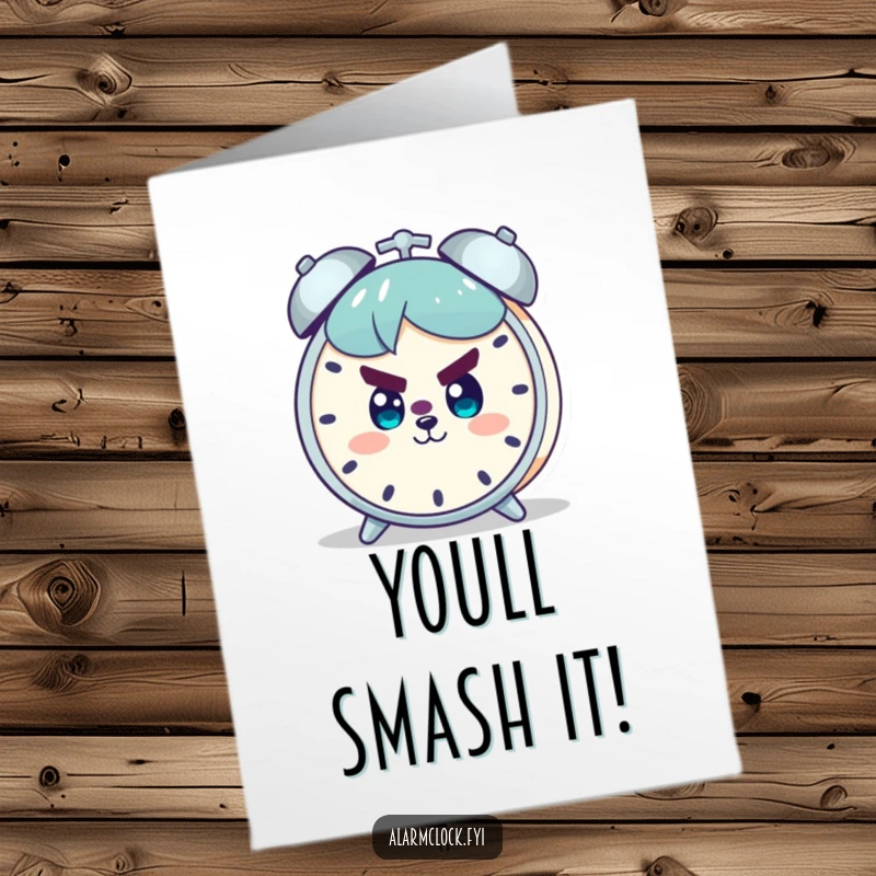 Free Printable Congratulations Card: Character with a determined smile facing an alarm clock, symbolizing overcoming challenges for their success.