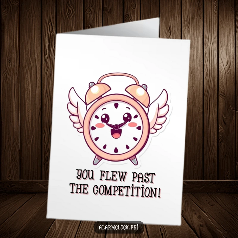 Funny Free Printable Congratulations Card: A smiling, winged alarm clock joyfully takes flight, signifying new beginnings and success. A modern DIY congratulation.