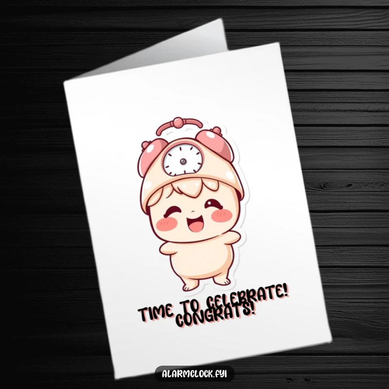 Funny Free Printable Congratulations Card: Giggling character with an alarm clock hat on head, time is set to party.