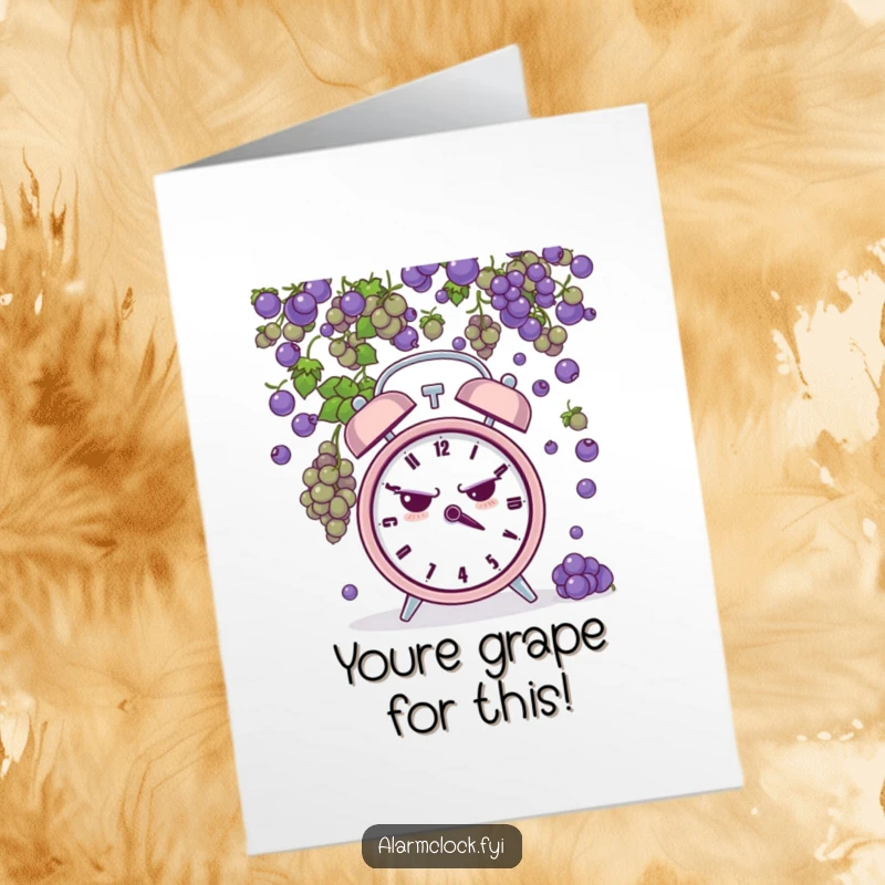 Funny Free Printable Congrats Card: Grumpy alarm clock pelted by small rubbery grapes, a funny congratulatory moment