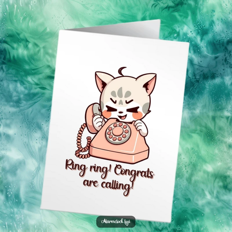 Funny Free Printable Congratulations Card: Mischievous character making a playful call on a tiny retro phone.