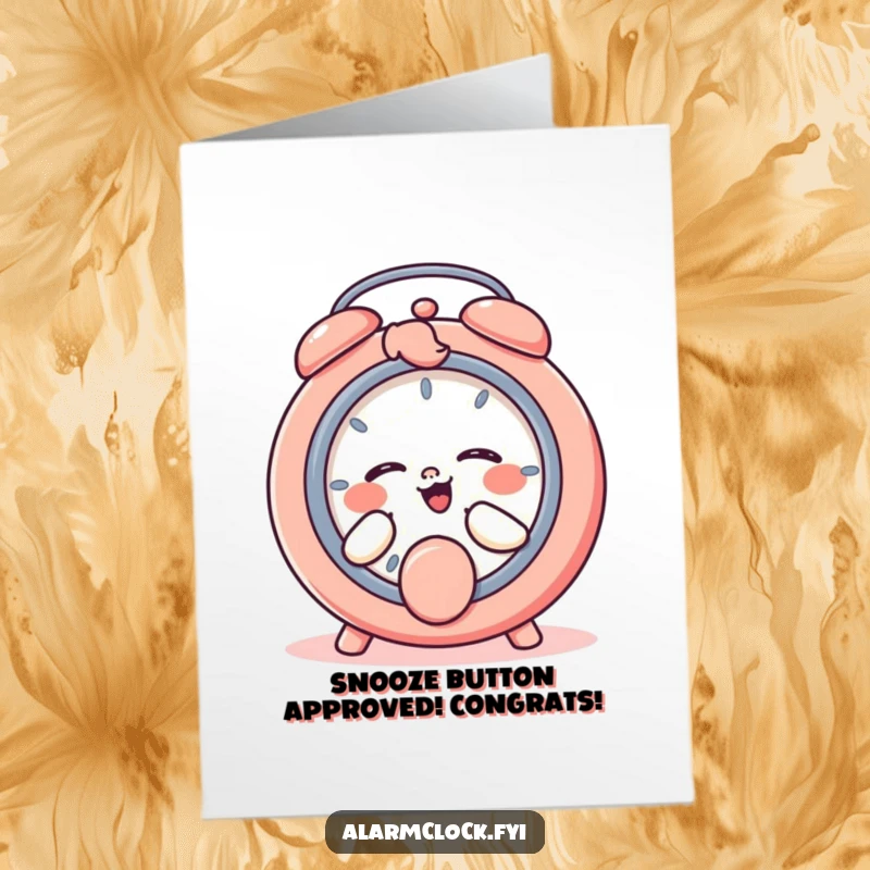Funny Free Printable Congratulations Card: a character giggles while hitting the snooze button, embracing a laid-back win.