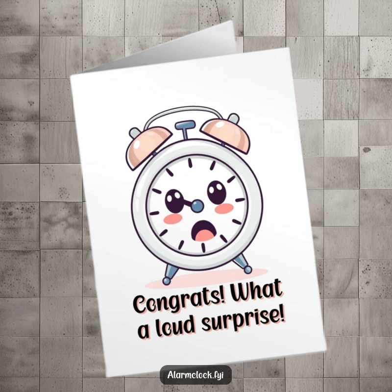 Funny Free Printable Congrats Card: An alarm clock character ringing loudly with a surprised face, celebrating success with a humorous DIY gift.