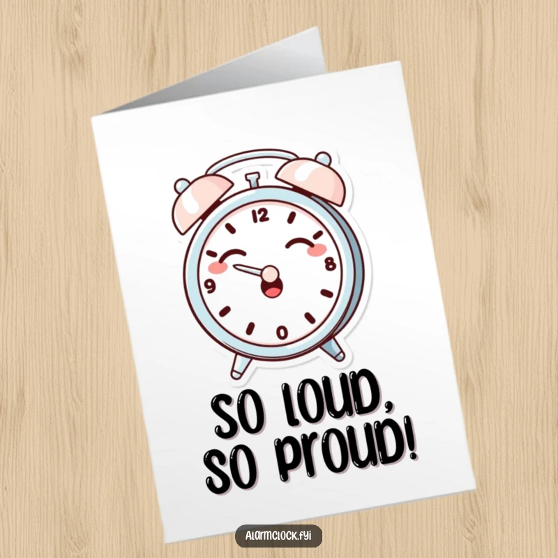 Funny Free Printable Congratulations Card: A giggling alarm clock character hilariously covering its ears, perfect for a humorous and unique downloadable gift.