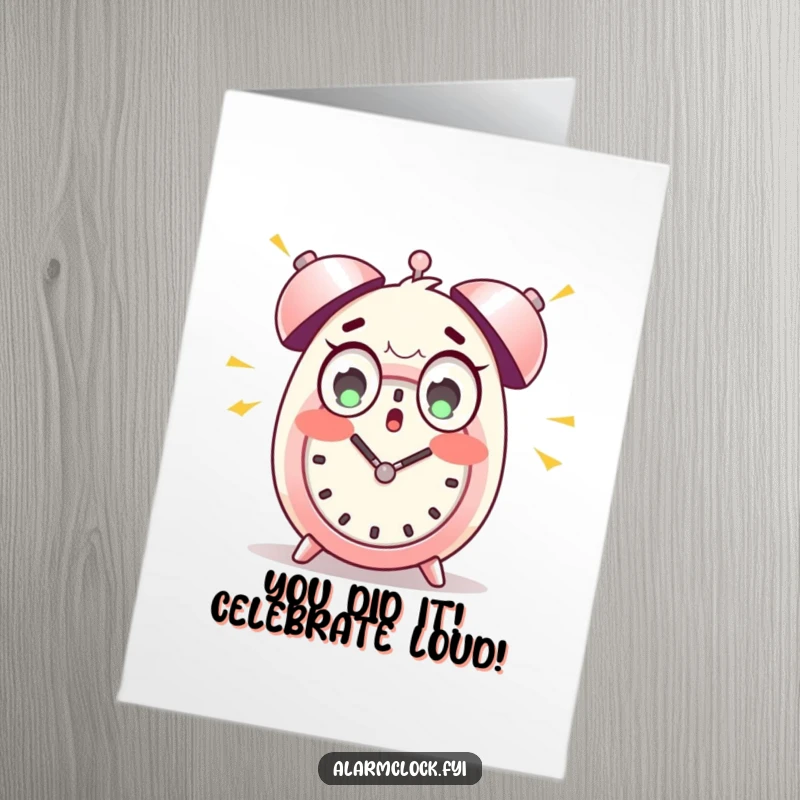 Funny Free Printable Congratulations Card: Startled character reacting to loud alarm clock bells, symbolizing overwhelming news.