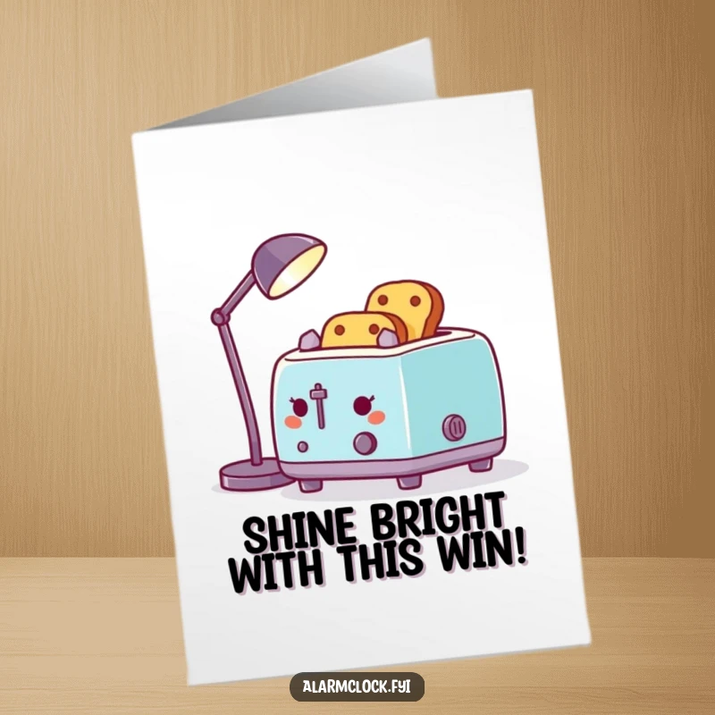 Funny Free Printable Congratulations Card: Toaster uses desk lamp for toast, celebrating success with bright ideas.