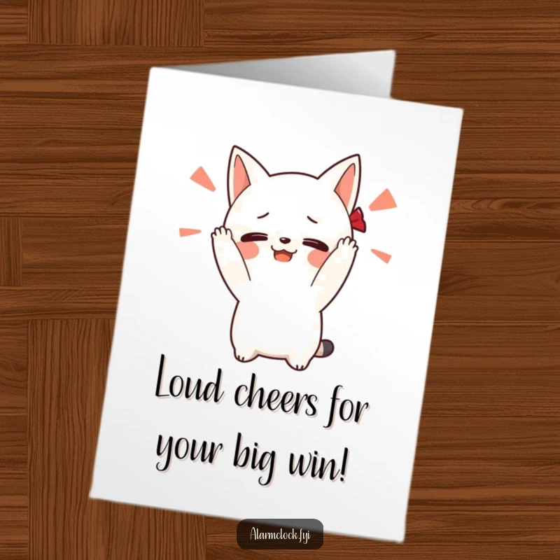 Funny Free Printable Congrats Card: Blushing character covering ears from a loud alarm, signifying a shocking win.