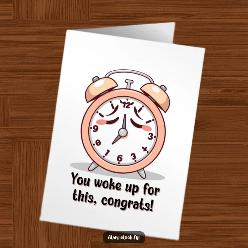 Funny free printable congratulations card showing a tired character hitting snooze, celebrating achievement despite reluctance, a downloadable art piece.