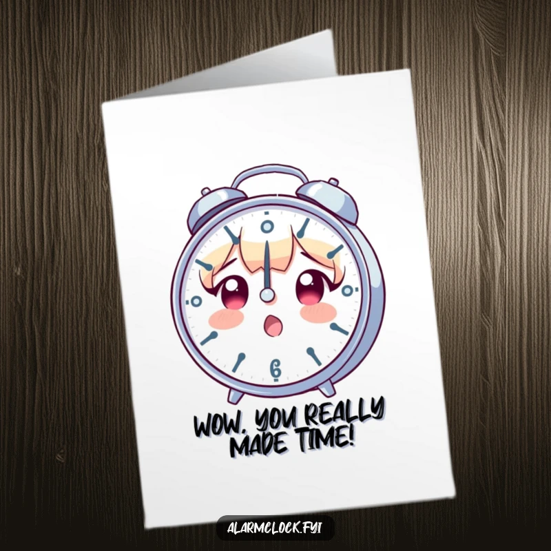 Funny Free Printable Congrats Card: Surprised character watching a clock spin wildly, celebrating fast success.
