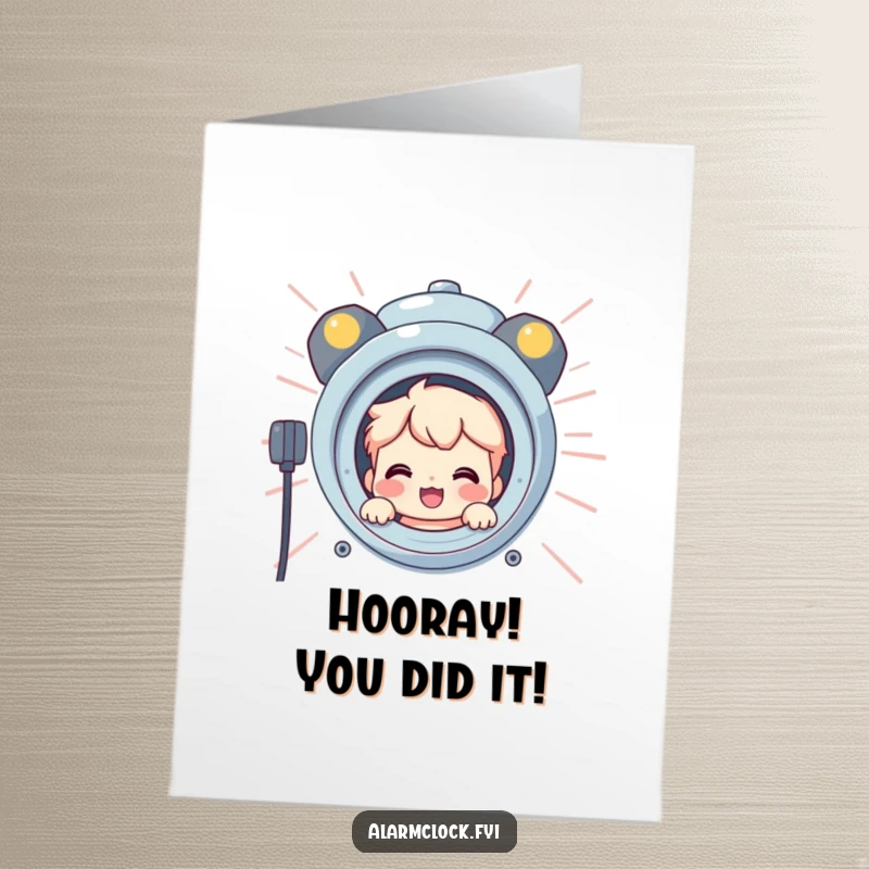 Funny Free Printable Congrats Card: Smiling character peeking out from behind a giant, blaring alarm.