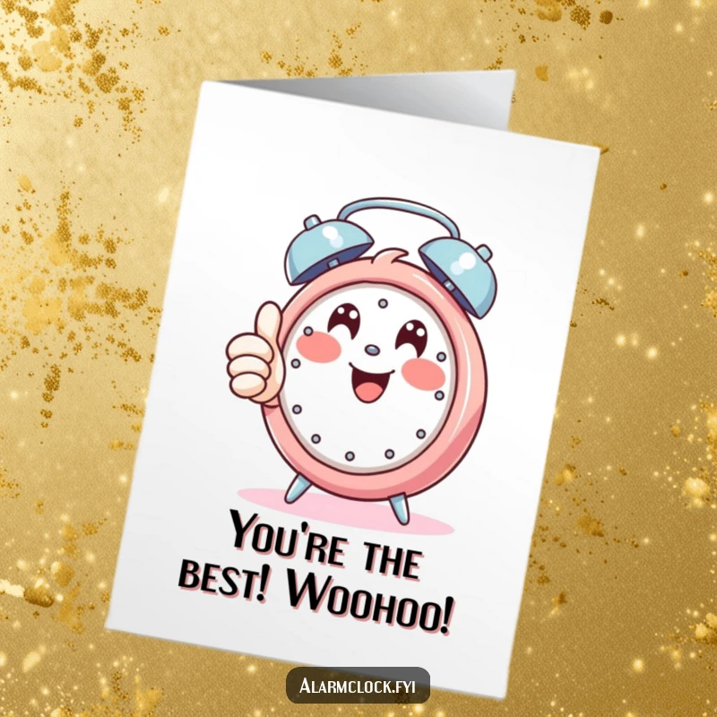Funny Free Printable Congrats Card: Happy character giving a thumbs up while an alarm rings.