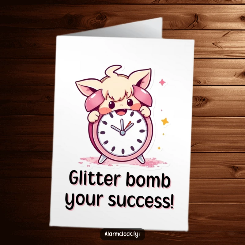 Free Printable Congratulations Card: Character gleefully covering an alarm clock with glitter, celebrating a success with a messy flourish.