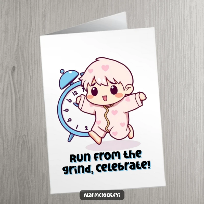 Funny Free Printable Congratulations Card: Character in pajamas running away from a buzzing alarm clock, a humorous flight from responsibility.