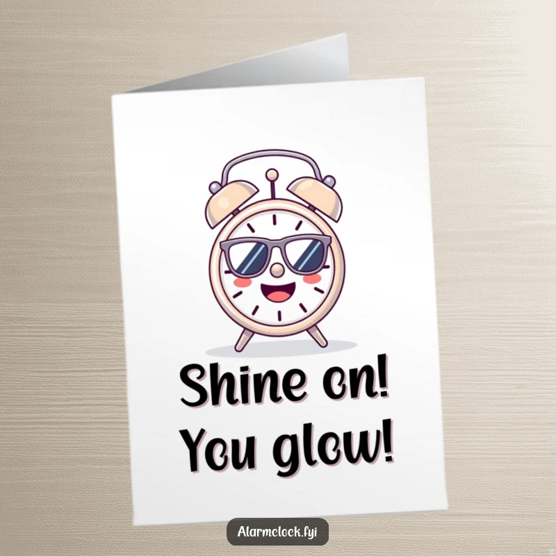 Funny Free Printable Congratulations Card with a cheerful alarm clock character enjoying the sun in sunglasses.