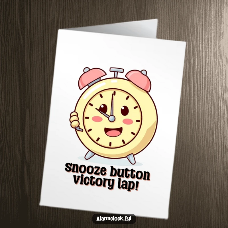 Funny Free Printable Congratulations Card: An alarm clock character happily and determinedly pressing the snooze button multiple times.