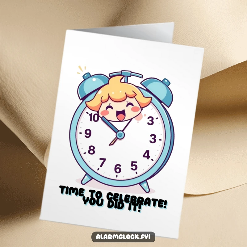 Funny Free Printable Congratulations Card: Joyful character smashing a large alarm clock to celebrate.